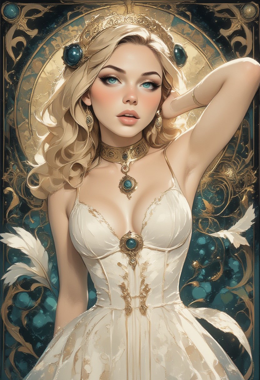 score_9, score_8_up, score_7_up, realistic, elle, long blond wavy hair, small perky breasts, 18 years old,  sexy, erotic. white dress. feathers. dancing.
Elle, vivid background, vivid color, ArsMJStyle, impressionism, t3chn0, ArsMJStyle, Art Deco