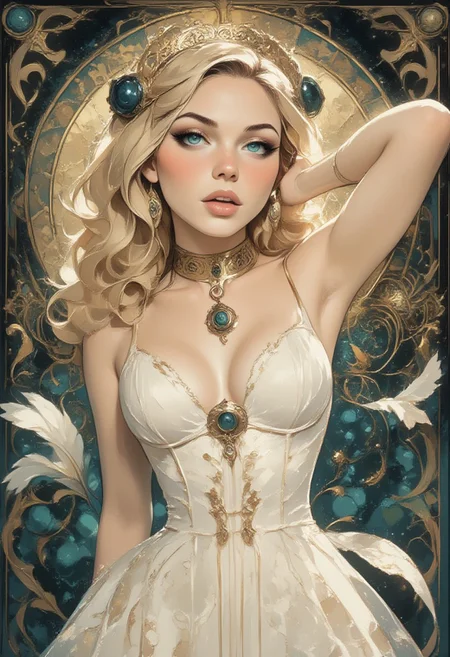 score_9, score_8_up, score_7_up, realistic, elle, long blond wavy hair, small perky breasts, 18 years old,  sexy, erotic. white dress. feathers. dancing.
Elle, vivid background, vivid color, ArsMJStyle, impressionism, t3chn0, ArsMJStyle, Art Deco