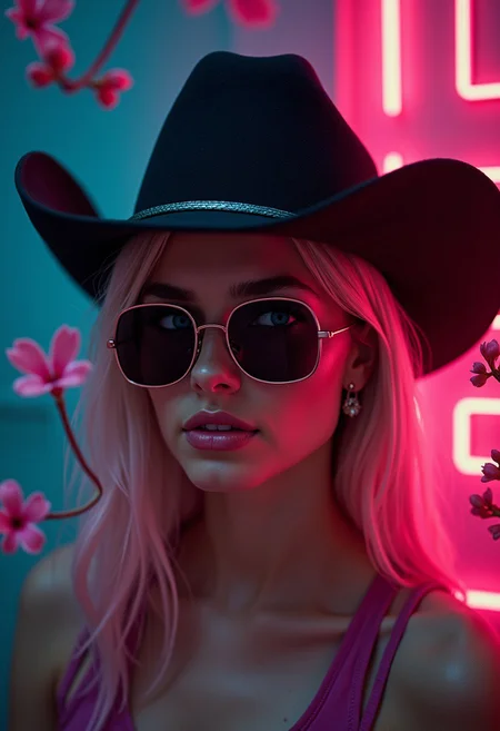 A lady wearing sunglasses and a cowboy hat, with small pink flowers blooming around, cinematic style, dark neon background, bold character, pink eyes, wearing shorts, shining eyes