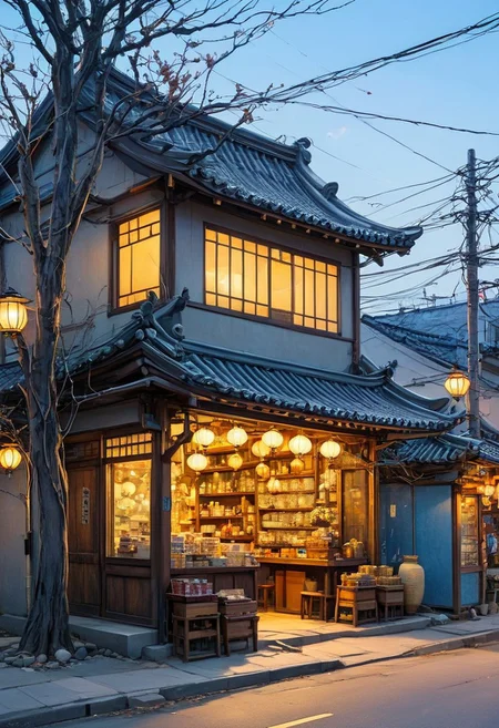 A cozy, small traditional Korean shop illuminated warmly at dusk, surrounded by a large, intricate tree with branches sprawling across the scene. The shop has wooden panels and shelves filled with various goods, and a soft yellow glow emanates from its windows and lanterns. Outside, there are a few stools and tables under the tree, scattered leaves, and soft lighting creating a serene and nostalgic atmosphere. Overhead, electrical wires crisscross the sky, adding depth and realism. The environment is peaceful, with a blend of natural and urban elements harmonizing beautifully.. (anime, cyberpunk, Moebius (Jean Giraud) Style page), (high contrast:1.1)