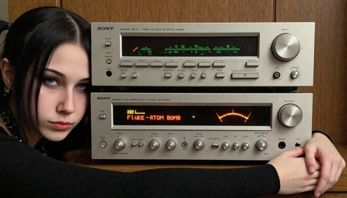 Sony Hi-Fi deck, front view, vintage design, brushed aluminum silver surface, double-component stacked layout, top section featuring FM/AM tuner with horizontal frequency display, green LED signal indicators, large tuning dial on the right, preset buttons with red LED indicators, lower section featuring black mechanical push buttons for playback and recording, time counter display, Dolby NR switch, multiple toggle switches, right side featuring LED VU meters with yellow and red segments, large input selector knob, microphone jacks, integrated amplifier with digital screen displaying "Fluke - Atom Bomb" in crisp, pixelated orange LED font, bright glow from display illuminating surrounding area, large volume knob, balance and tone controls, small LED power indicator, speaker and filter switches, multiple input selectors with green LED indicators, Sony branding on all sections, retro typography, wooden surface background, slightly tilted angle, soft indoor lighting, young woman, early 20s, dark straight hair styled in pigtails, blunt bangs covering forehead, wearing black choker and black cross necklace, looking at the viewer, hugging the Hi-Fi deck, head slightly tilted, relaxed expression, fair skin, wearing black long-sleeved top, fingers resting on brushed metal surface, dim ambient lighting casting soft shadows