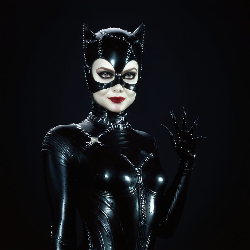 cinematic film still of  <lora:Catwoman 1992:1>
Catwoman a woman in a cat suit posing for a picture tim burton style,1girl,solo,breasts,upper body,lips,bodysuit,makeup,mask,lipstick,black background,skin tight,realistic,black bodysuit,latex,black theme, claws, 1990s, shallow depth of field, vignette, highly detailed, high budget, bokeh, cinemascope, moody, epic, gorgeous, film grain, grainy