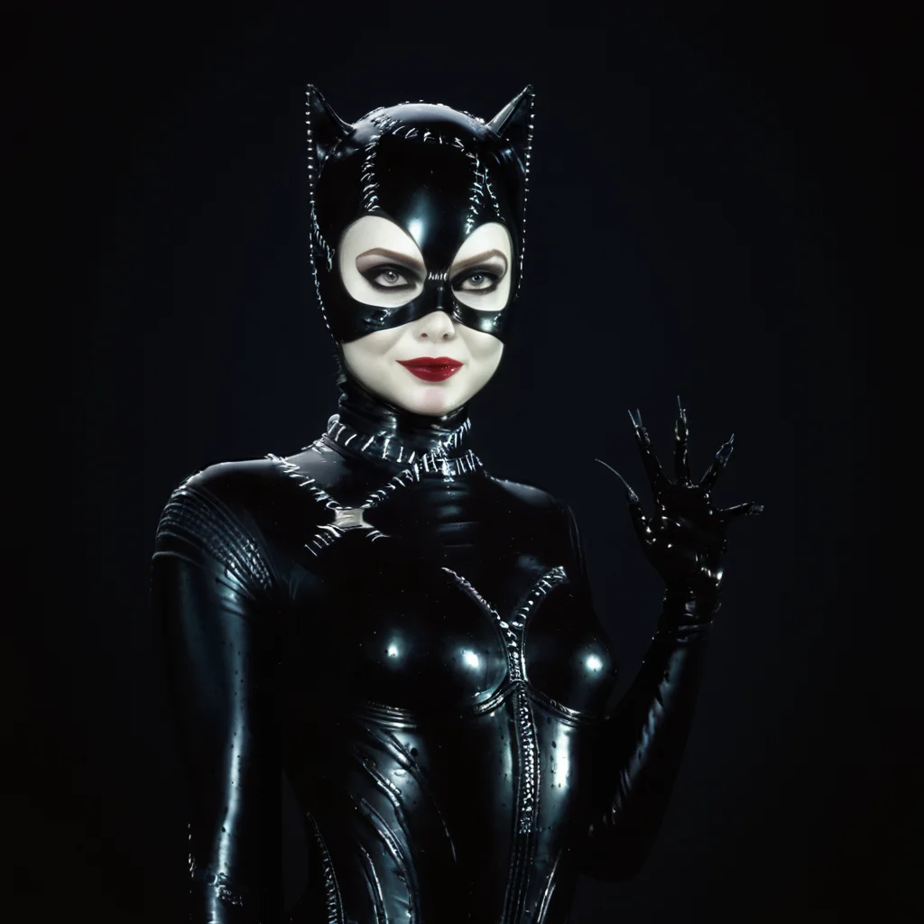 cinematic film still of <lora:Catwoman 1992:1>
Catwoman a woman in a cat suit posing for a picture tim burton style,1girl,solo,breasts,upper body,lips,bodysuit,makeup,mask,lipstick,black background,skin tight,realistic,black bodysuit,latex,black theme, claws, 1990s, shallow depth of field, vignette, highly detailed, high budget, bokeh, cinemascope, moody, epic, gorgeous, film grain, grainy