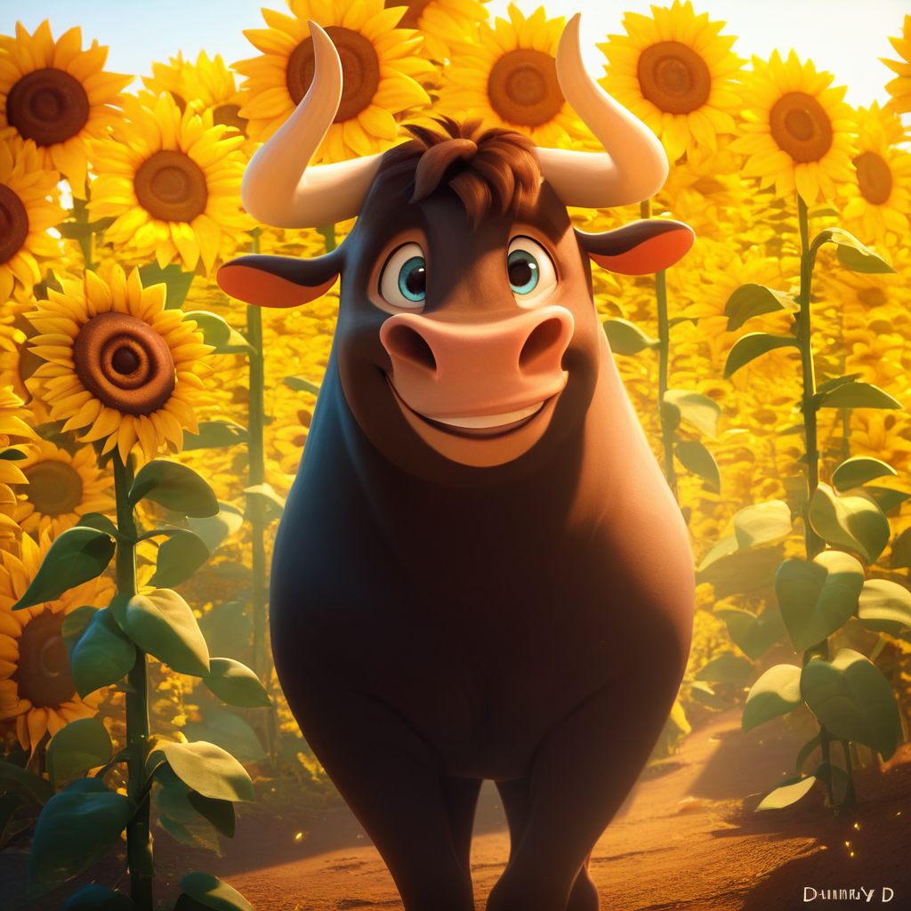 score_9, score_8_up, score_8, furry, bull, Ferdinand, horns, cartoon style, smooth lines, countershading, soft shading, 2d, extreme detail, 4K, high definition, high resolution, feral, standing in sunflower field, looking at viewer, smile, outside, sunny