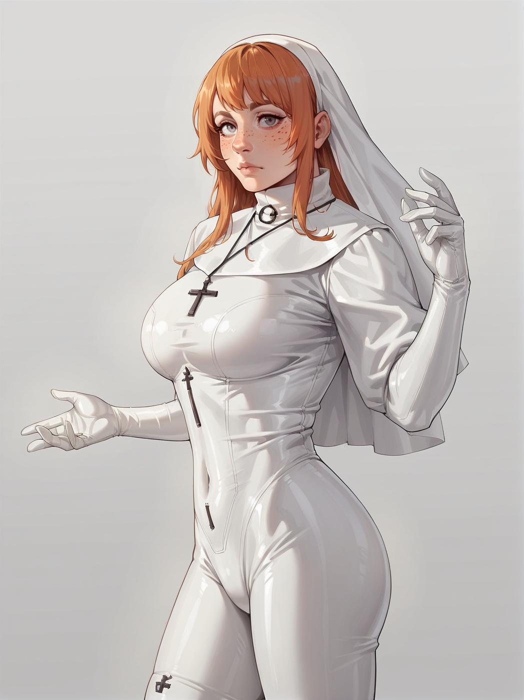 source_anime, score_9. score_8_up, score_7_up, score_6_up, score_5_up, score_4_up, (plump:0.3), large breasts, ginger hair, 1girl,  <lora:Ch0w13nunPXL:0.6> ch0wb13nun, long hair, bodysuit, cross, white bodysuit, nun, white latex, latex bodysuit, simple background,