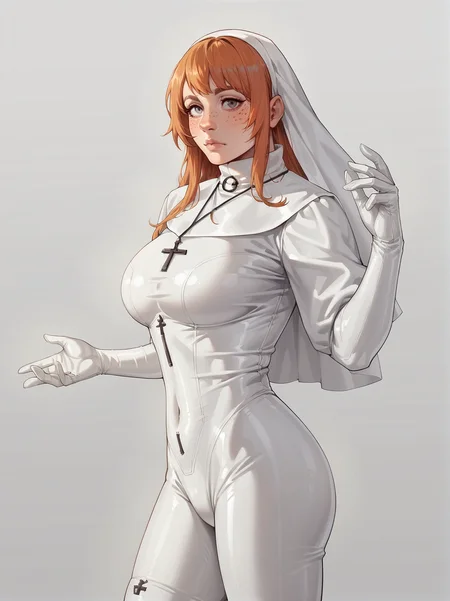 source_anime, score_9. score_8_up, score_7_up, score_6_up, score_5_up, score_4_up, (plump:0.3), large breasts, ginger hair, 1girl, <lora:Ch0w13nunPXL:0.6> ch0wb13nun, long hair, bodysuit, cross, white bodysuit, nun, white latex, latex bodysuit, simple background,