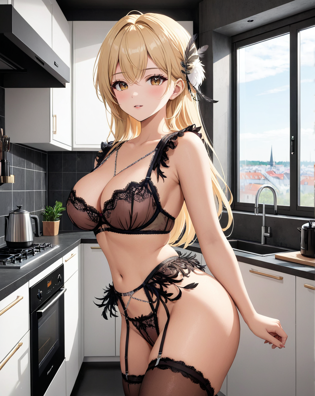<lora:OpenFeatherLingerie-000003:0.8> a photo of a woman wearing sheer lingerie, feathers, chains, garterbelt, cleavage
blonde hair, scandinavian woman, in her apartment, open floorplan,  breathtaking chrome kitchen appliances