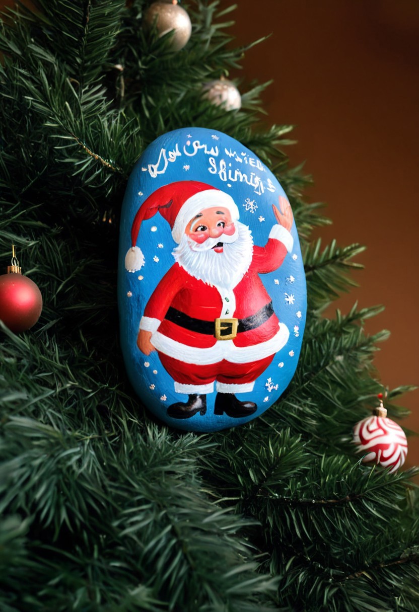 Happy stones. a painted stone, painted with a picture of a jolly Santa. Underneath a Christmas Tree.( Low view:4.9)