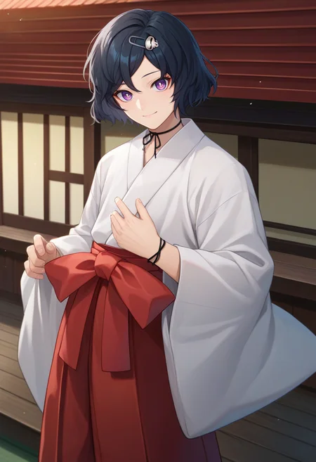 score_9, score_8_up, score_7_up, source_anime, solo, male focus, 1boy, urushibara ruka, otoko no ko, smile, looking at viewer, standing, skull hair ornament, hairclip, japanese clothes, miko, white kimono, red hakama, hakama skirt, ribbon choker, east asian architecture <lora:steinsgate_urushibara_ponyXL:1>