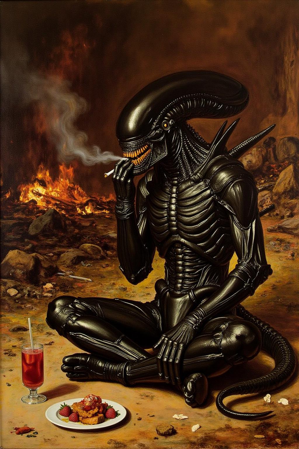 jem1 painting. 
 Xenomorph, puffing a cigarette, sitting cross-legged on the ground, a crashed burning spaceship wreckage in the background, dessert <lora:jem1_cap_d6a3:1.0><lora:822879458902986094:0>