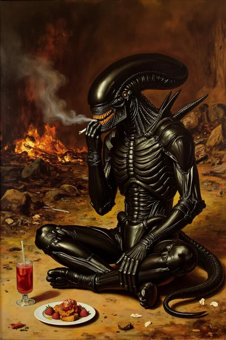 jem1 painting.
Xenomorph, puffing a cigarette, sitting cross-legged on the ground, a crashed burning spaceship wreckage in the background, dessert <lora:jem1_cap_d6a3:1.0><lora:822879458902986094:0>