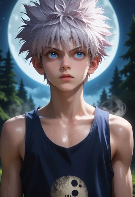 score_9, score_8_up, score_7_up, zPDXL3, zPDXLrl, close-up, depth of field, highly detailed, killuazoldick, 1boy, solo, male focus, blue eyes, white hair, spiky hair, tank top, shorts, intricate detail, sweat, steam, outdoors, forest, looking away, horror /(theme/), night, moon, moonlight, dark, skinny, slim, shiny skin, intricate details, hyperdetailed, photorealistic, skin pores, perfect face, volumetric light, dynamic pose, horripilation, goose bumps, portrait, DskOtrn_PnyXL