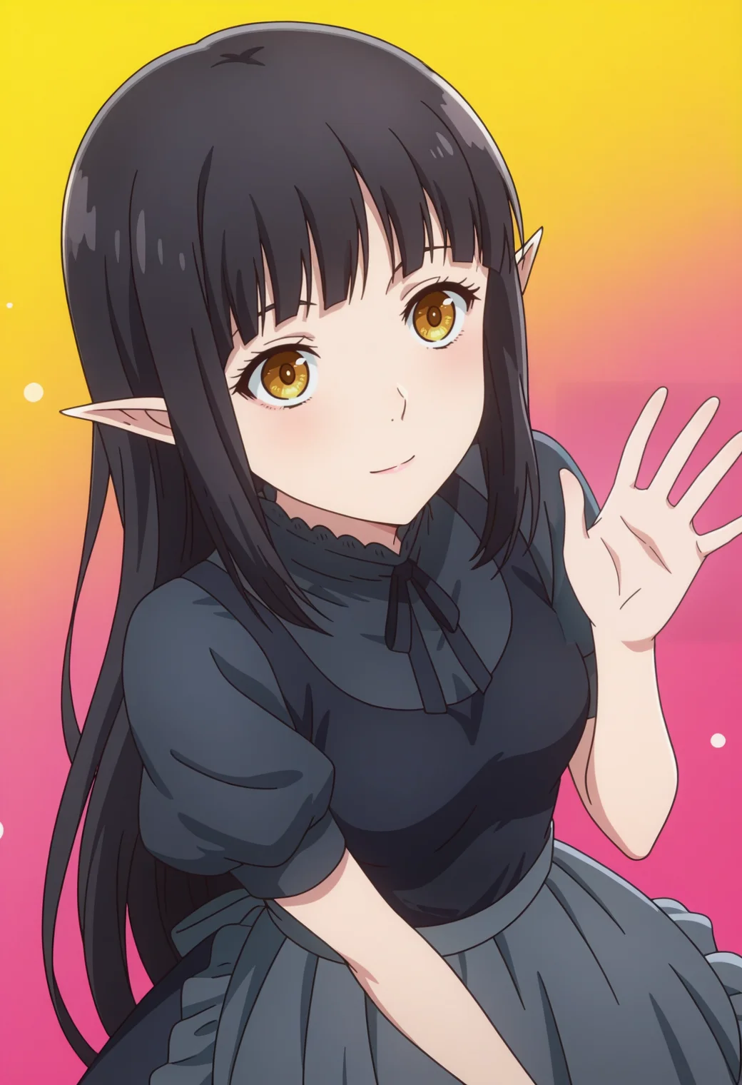 masterpiece, best quality, amazing quality, anime coloring, anime screencap, 1girl, <lora:DX888KuroIL:1> kuro, pointy ears, yellow eyes, black hair, long hair, black dress, black ribbon, waist apron, puffy short sleeves, maid, light smile, BREAK (simple background:1.2), colorful background pastel background, waving, from above,