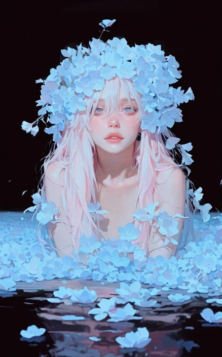 3l3ganc3,masterpiece,best quality, highly detailed, score_9, score_8_up, score_7_up, score_6_up, dramatic,
BREAK
cowboy shot, realistic, photography, delicate facial features,
3l3ganc3, semi-realism, 1girl, cute, 23 year old female, solo, confident, large earrings, messy long bangs, hair on eyes, cold light blue eyes, pastel pink hair, white hair, (long hair:1.15), natural lips, parted lips, blue flowers, dark waters, reflections <lora:Elegence_Niji:1.14>