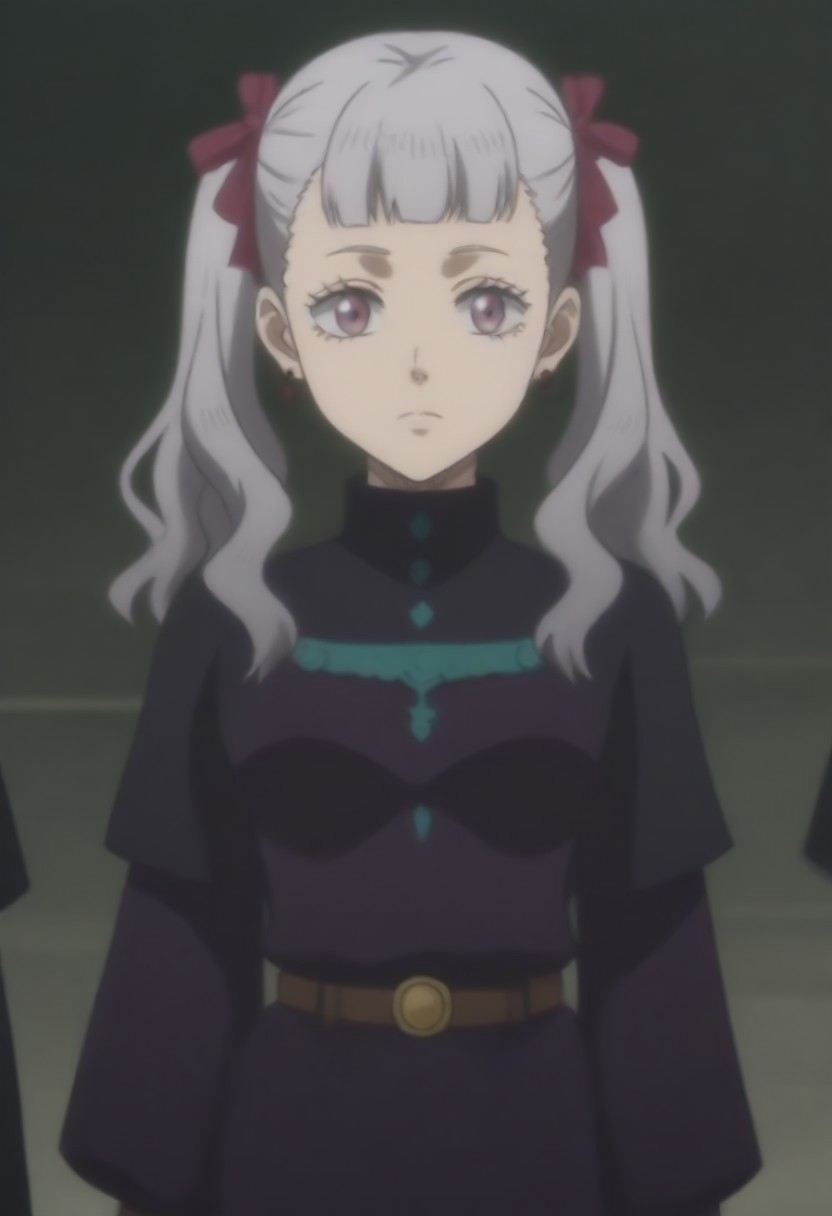 source_anime, anime screencap, source_anime, auratheguillotine, anime screencap, masterpiece, source_anime, shiny skin,,,,,,<lora:noellesilva-pdxl-nvwls-v1-000005:1> noelle silva, grey hair, purple eyes, twintails, hair ribbon, black capelet, green strap, white and purple dress, long sleeves, belt,