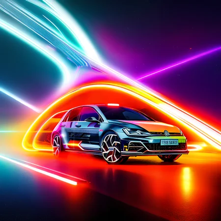 volkswagen golf r, space highway, side view, cosmic background, stars and planets, synthwave effect, neon light, CarHelper, ActionHelper, PhotoHelper