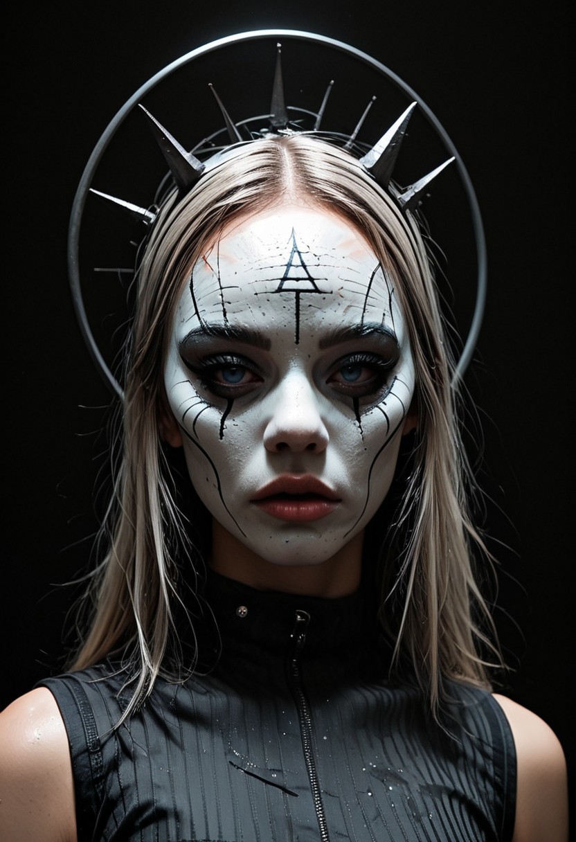 masterpiece, best quality,high quality, newest, highres,absurdres, androgynous figure against a solid black background. The subject is adorned in a futuristic, geometric costume with bold color combinations. The costume is primarily composed of horizontal black and white stripes, which create a stark contrast against the figure's pale skin. The headpiece is a large, circular shape with a gradient from at the outer edge to white at the center, resembling a halo. The figure's face is painted in a dramatic, almost mask-like style, with a white base and striking blue lips. The makeup around the dark eyes is heavily accentuated, giving a bold, almost exaggerated appearance. The overall aesthetic is questionable. headpiece extending beyond the frame, drawing the viewer's attention to the central subject. white sphere on the background, dark_theme,soft lighting,g0th1c, Sinozick_illu,gradient,spot color, sinfully stylish, dramatic lighting