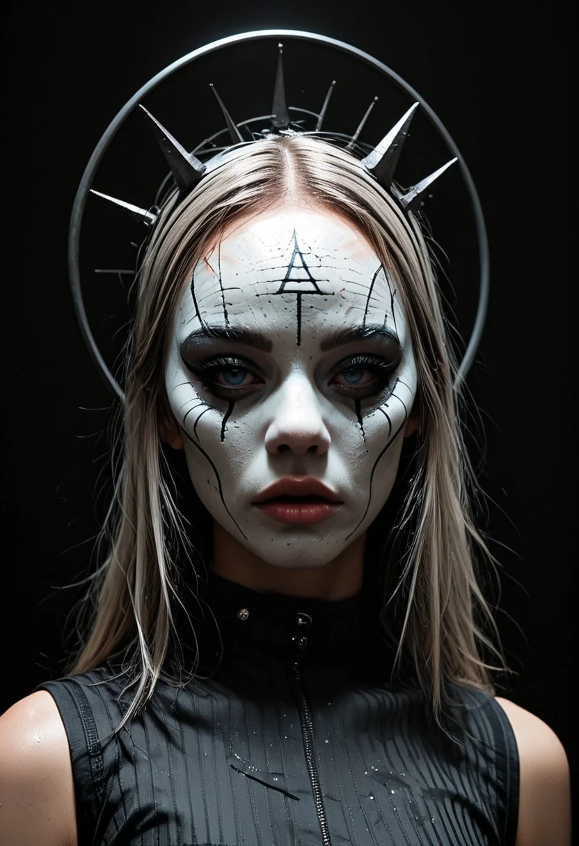 masterpiece, best quality,high quality, newest, highres,absurdres, androgynous figure against a solid black background. The subject is adorned in a futuristic, geometric costume with bold color combinations. The costume is primarily composed of horizontal black and white stripes, which create a stark contrast against the figure's pale skin. The headpiece is a large, circular shape with a gradient from at the outer edge to white at the center, resembling a halo. The figure's face is painted in a dramatic, almost mask-like style, with a white base and striking blue lips. The makeup around the dark eyes is heavily accentuated, giving a bold, almost exaggerated appearance. The overall aesthetic is questionable. headpiece extending beyond the frame, drawing the viewer's attention to the central subject. white sphere on the background, dark_theme,soft lighting,g0th1c, Sinozick_illu,gradient,spot color, sinfully stylish, dramatic lighting