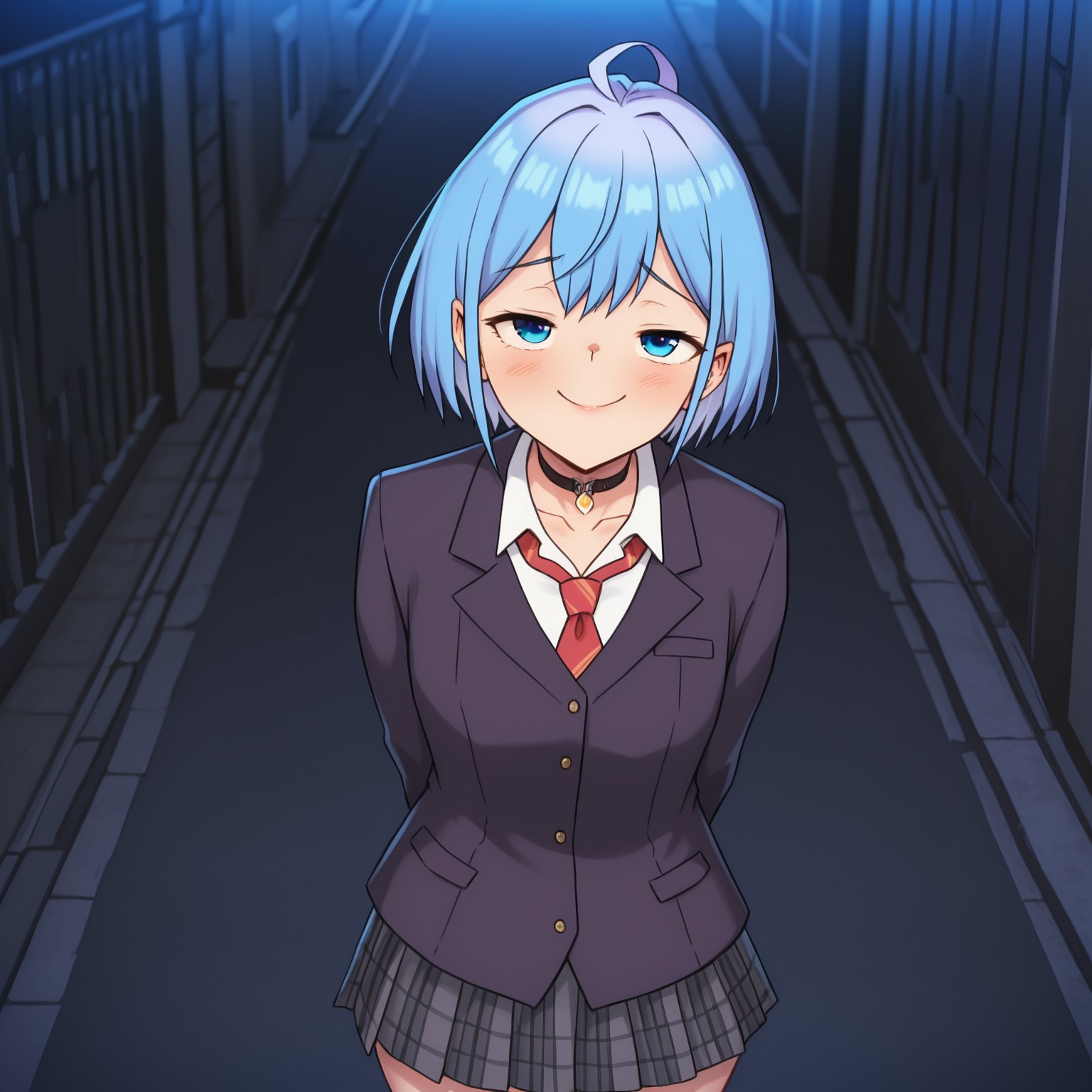 hands behind back, looking at viewer,solo,  Himari, blue hair, blue eyes, short hair, choker, black choker, bangs, ahoge, skirt, school uniform, jacket, pleated skirt, blazer, cardigan, shirt, collarbone, grey skirt, plaid, plaid skirt, necktie, red necktie,, leaning close, smug, pov, in front, standing, teasing, nighttime, streets, nestkeeper