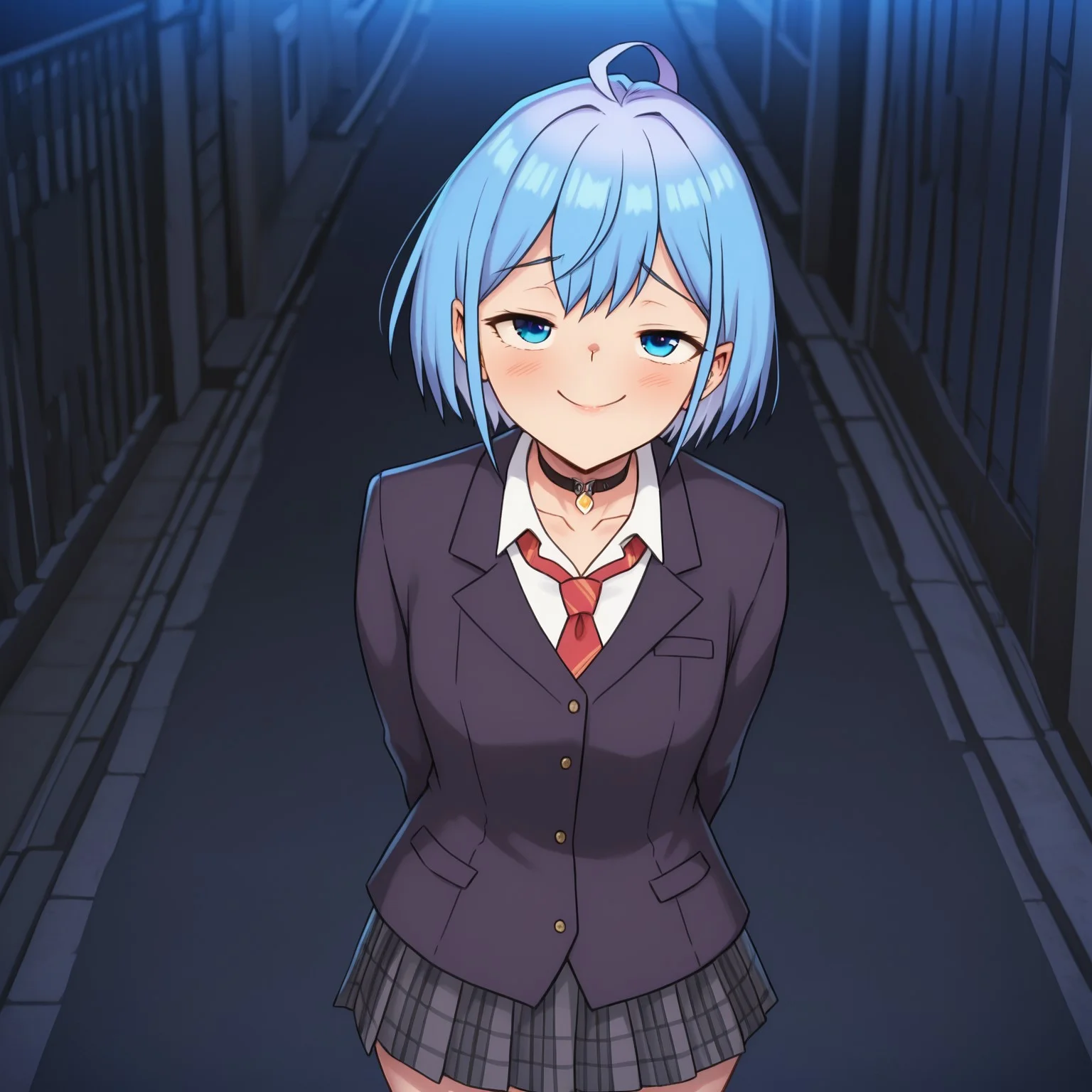 hands behind back, looking at viewer,solo, Himari, blue hair, blue eyes, short hair, choker, black choker, bangs, ahoge, skirt, school uniform, jacket, pleated skirt, blazer, cardigan, shirt, collarbone, grey skirt, plaid, plaid skirt, necktie, red necktie,, leaning close, smug, pov, in front, standing, teasing, nighttime, streets, nestkeeper