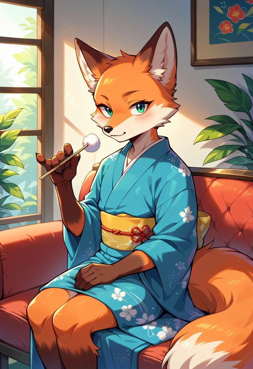 score_9, score_8, score_7, (source_furry, anthro, fox, orange fur)
lap pillow invitation, holding mimikaki,
kimono,
sitting, couch