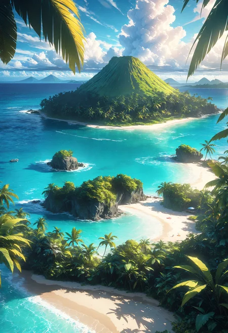 detailed landscape, one island with a volcano at its center, in the middle of the sea, beautiful blue sea, blue sky, clouds, sunny, beach, palm forest, tropical, only one island, digital art, cgi, cinematic, masterpiece, best quality, very aesthetic, absurdres, <lora:add-detail-xl:1>,  <lora:MJ52:0.25>,  <lora:SDXLFaeTastic2400:0.7>,  <lora:perfect-eyes:1> perfecteyes
