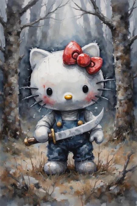 yawc1 watercolor.
Hello Kitty in the middle of the forest holding a knife, the atmosphere and the character looks scary, Hello Kitty is hidden by the shadows. <lora:yawcolor_nocap_d4a2:1.0><lora:798378590329777909:0>