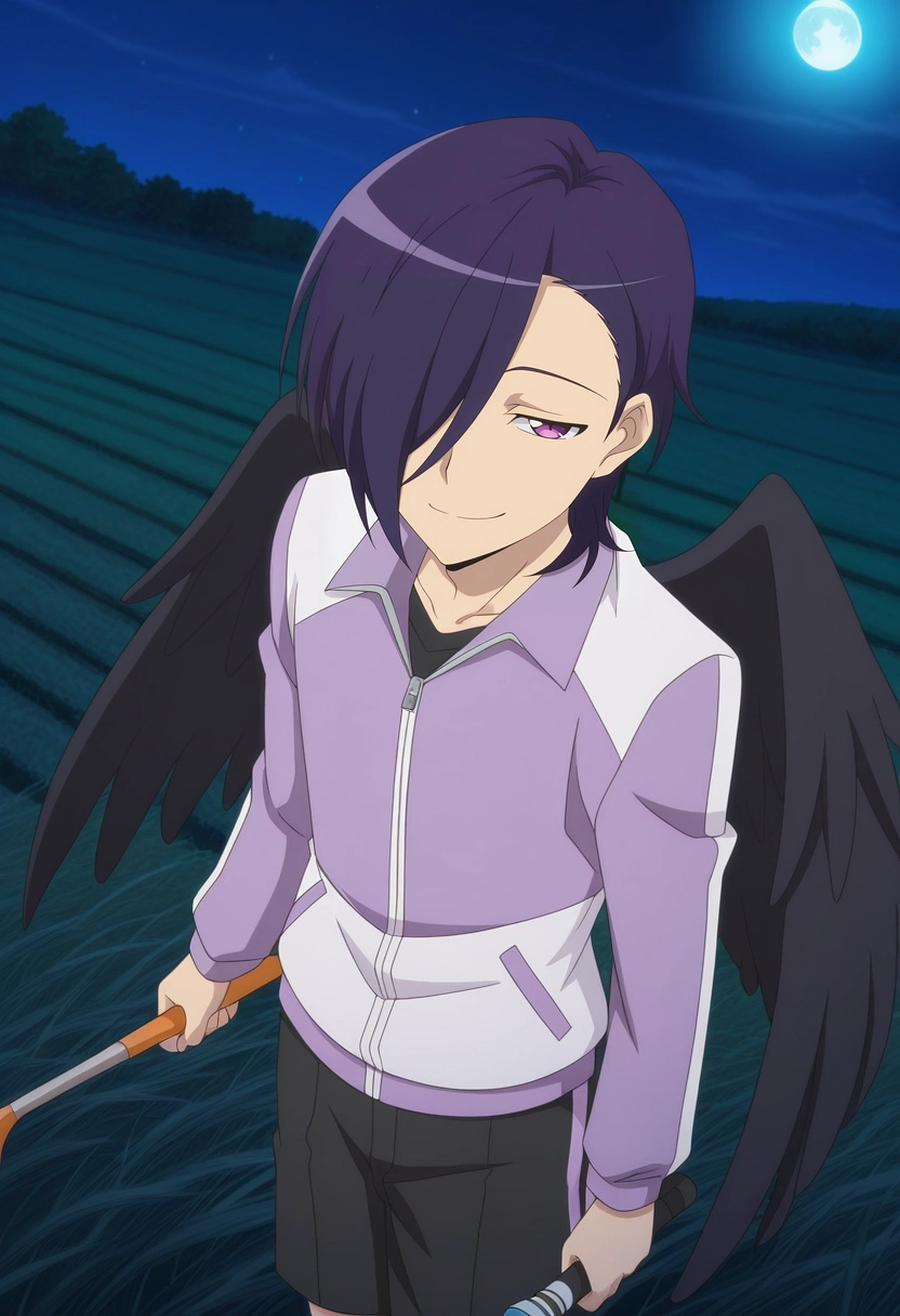 masterpiece, best quality, intricate details, anime screencap, anime coloring, , looking at viewer, 1boy, solo, male focus, <lora:hanzou_urushihara_ilxl:1>, hanzou_urushihara, purple hair, purple eyes, hair over one eye, short hair, black wings, , from above, farm, plantation, night, full moon, holding instrument, half-closed eyes, smile, Golf shorts, Corduroy jacket, , ,