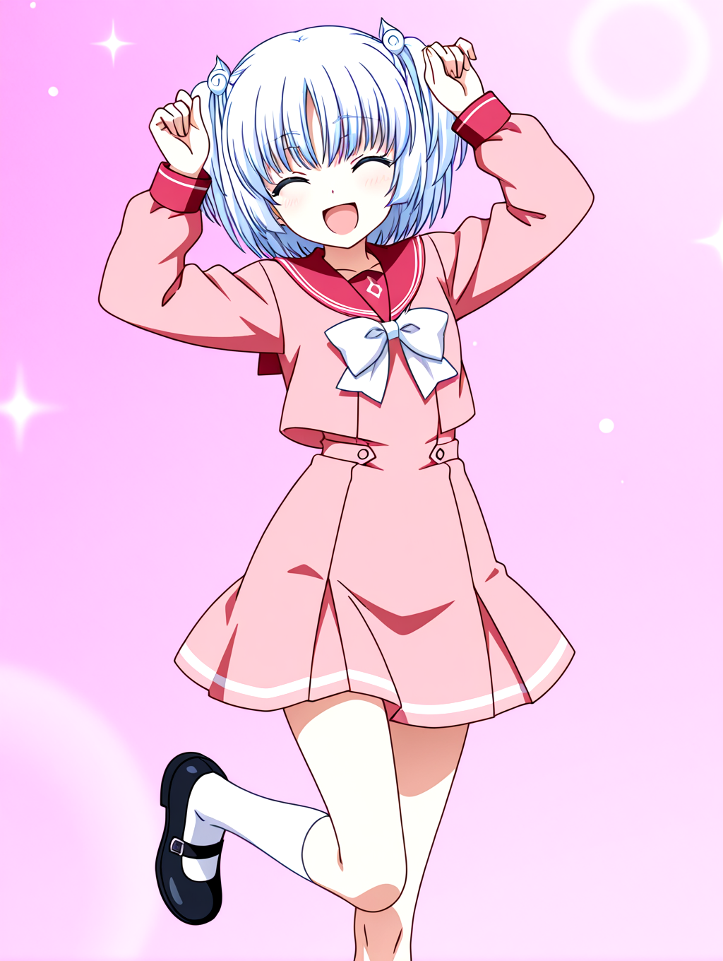 masterpiece,best quality,newest,absurdres,highres,detailed eyes,beautiful,detailed background,perfect eyes,anime coloring,anime screencap,
<lora:add-detail-xl:1>,<lora:ponyv4_noob1_2_adamW-000017:0.8>,wear clothes,
1girl,solo,
<lora:il-ruri-tenshin-ruschool:1>,il-ruri-tenshin,solo,ruschool outfit,1girl,blue white hair,short hair,white bowtie,twintails,white small spiral hair ornament with hair_tie,green eyes,pink serafuku dress,school uniform,light red sailor collar,pink skirt dress,socks,black mary janes,<lora:caramelldansen_ILv11_v1:1>,caramelldansen,parody,smile,open mouth,^_^,arms up,closed eyes,