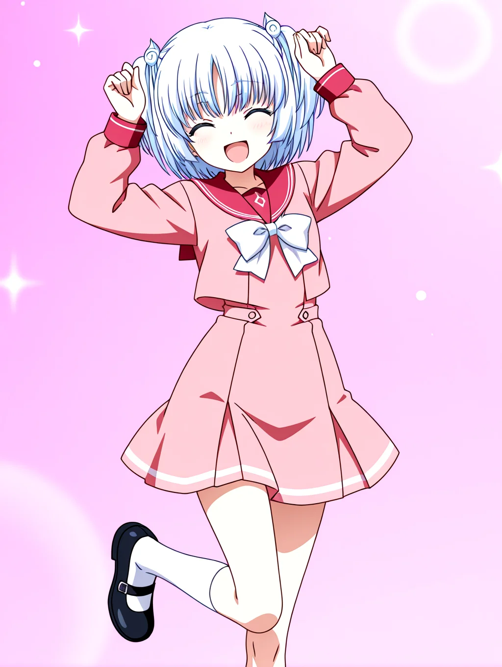 masterpiece,best quality,newest,absurdres,highres,detailed eyes,beautiful,detailed background,perfect eyes,anime coloring,anime screencap,
<lora:add-detail-xl:1>,<lora:ponyv4_noob1_2_adamW-000017:0.8>,wear clothes,
1girl,solo,
<lora:il-ruri-tenshin-ruschool:1>,il-ruri-tenshin,solo,ruschool outfit,1girl,blue white hair,short hair,white bowtie,twintails,white small spiral hair ornament with hair_tie,green eyes,pink serafuku dress,school uniform,light red sailor collar,pink skirt dress,socks,black mary janes,<lora:caramelldansen_ILv11_v1:1>,caramelldansen,parody,smile,open mouth,^_^,arms up,closed eyes,