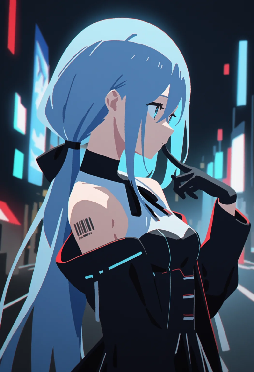1girl, masterpiece, science fiction, chromatic aberration, expressionless, looking to the side, upper body, night, street, from side, finger to mouth,
android, very long hair, light blue hair, crossed bangs, sidelocks, low (ponytail:1.2), light blue eyes, medium breasts, bare shoulders, black neck ribbon, black choker, black hair ribbon, puffy long sleeves, black jacket, open jacket, black corset, zettai ryouiki, white underbust, barcode tattoo, black gloves
showgirl skirt, layered skirt,
(knee boots, white footwear, mechanical boots, black thighhighs, high heel boots:0.5)
<lora:yuru_flat:1>