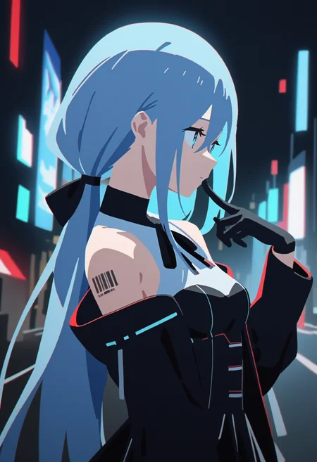 1girl, masterpiece, science fiction, chromatic aberration, expressionless, looking to the side, upper body, night, street, from side, finger to mouth,
android, very long hair, light blue hair, crossed bangs, sidelocks, low (ponytail:1.2), light blue eyes, medium breasts, bare shoulders, black neck ribbon, black choker, black hair ribbon, puffy long sleeves, black jacket, open jacket, black corset, zettai ryouiki, white underbust, barcode tattoo, black gloves
showgirl skirt, layered skirt,
(knee boots, white footwear, mechanical boots, black thighhighs, high heel boots:0.5)
 <lora:yuru_flat:1>