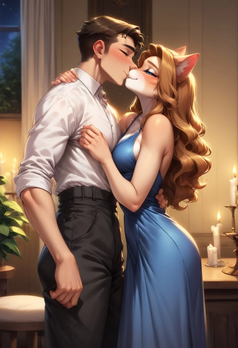 score_9, score_8_up, score_7_up, e621, sexy anthro cat kissing human male, (anthro cat has a pretty face, cute, horny, summer dress, smiling, long hair, medium breasts, clothed female, elegant blue night dress, blue night dress), male human, (1boy, human male, shy, black pants, white shirt), kissing, living room, candles, perfect eyes, furry girl, furry, anthro, side view, identical height, beautiful face, 1girl, 1boy