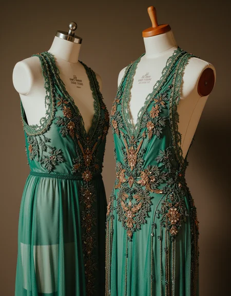 touch of verdigris style, a set of vintage dresses from the 1920s, each detailed with intricate lace and beading, in an elegant style