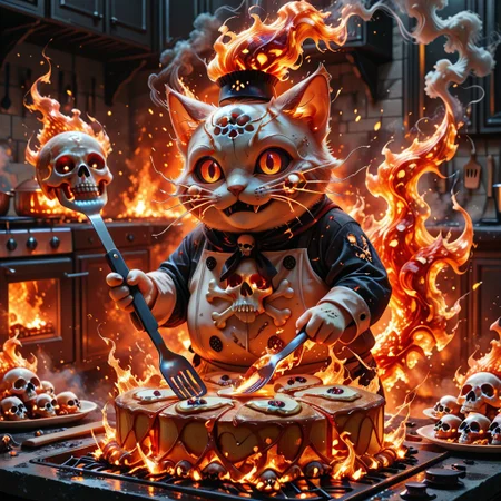 cf_style, skullthemeXL, glowing embers, fire particles, cartoon realism, exaggerated expressions,
1 chubby cat chef, flaming whiskers, holding spatula, flipping skull-shaped pancakes on a stove made of molten bones.
Background is a kitchen with counters of ribcages, smoke trails forming ghostly skulls.
Glowing orange and red lighting, flames gently reflecting on his fur. Soft outlines, stylized fire.