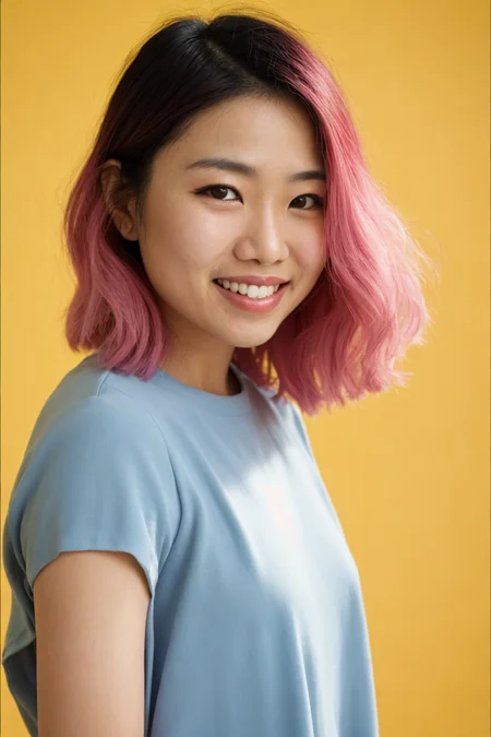 Film still, cinematic, Asian woman, smiling, scene girl, pastel hair, vibrant yellow background, sharp focus, detailed skin texture, detailed eyes,
