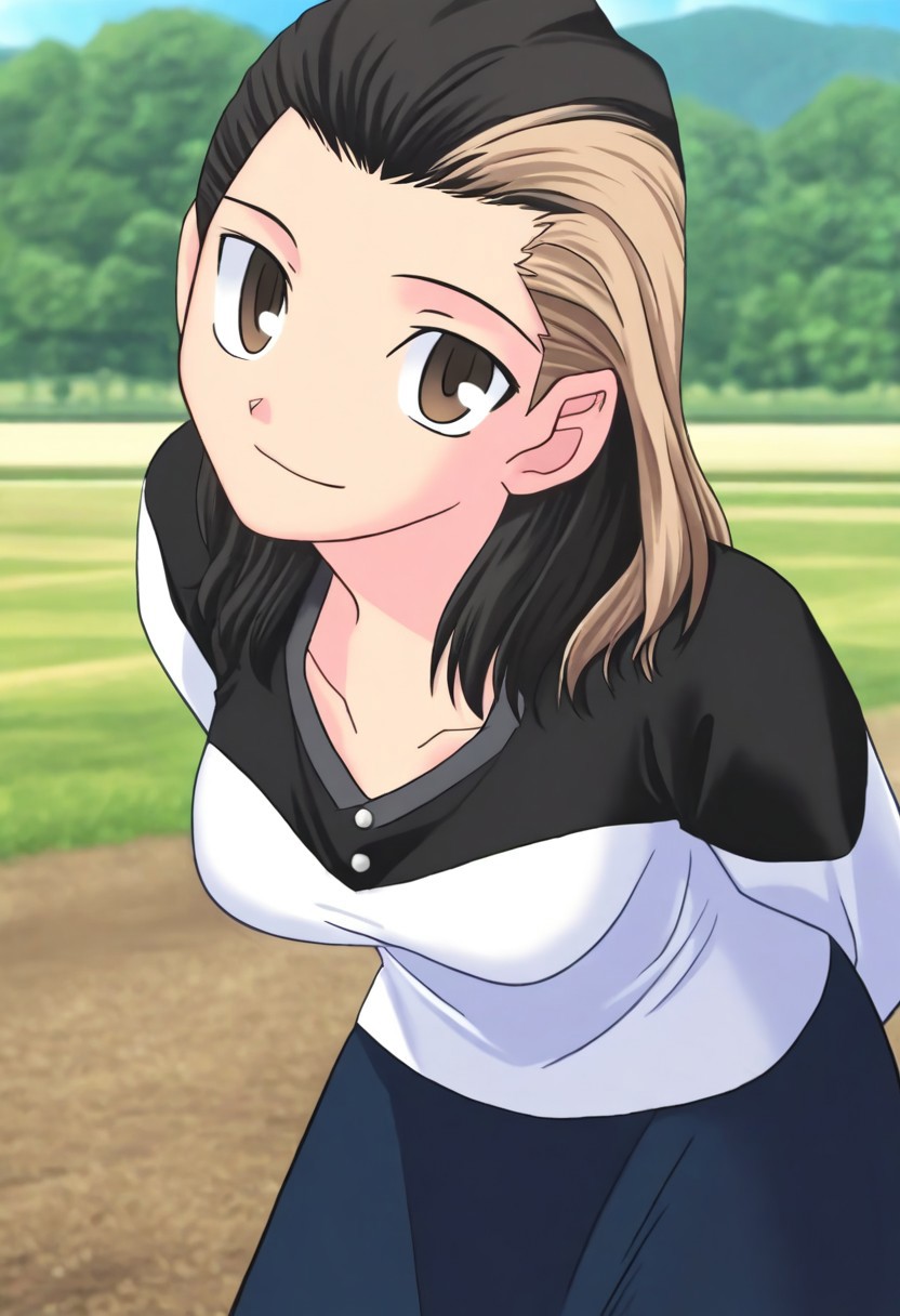 masterpiece, best quality, <lora:Tsukihime NXL:1>,solo,masterpiece, best quality, 
1girl, female focus, large breasts,  solo, brown eyes, thin brown streaks in hair, black hair, thin blonde streaks in hair, multi-colored hair, medium hair,wavy hair, hair part, side part, hair slicked back, small mouth, short nose, small nose, cute face, soft hair,
outdoor, farm, sunny day, head tilt, hands behind back, leaning forward, quarter view,  innocent smile, cheerful feeling, feminine, girlish, cute