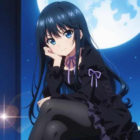 <lora:Natsuki_Minamiya_1_nai-000038:1>,anime coloring,
Natsuki Minamiya,blue eyes,
official outfit,hair bow,black pantyhose,black dress,ribbon choker,frilled dress,puffy long sleeves,sleeve ribbon,purple ribbon,
1girl,solo,smile,night,simple background,full moon,huge moon,looking at viewer,depth of field,lens_flare,sitting,crossed legs,leaning forward,head rest,