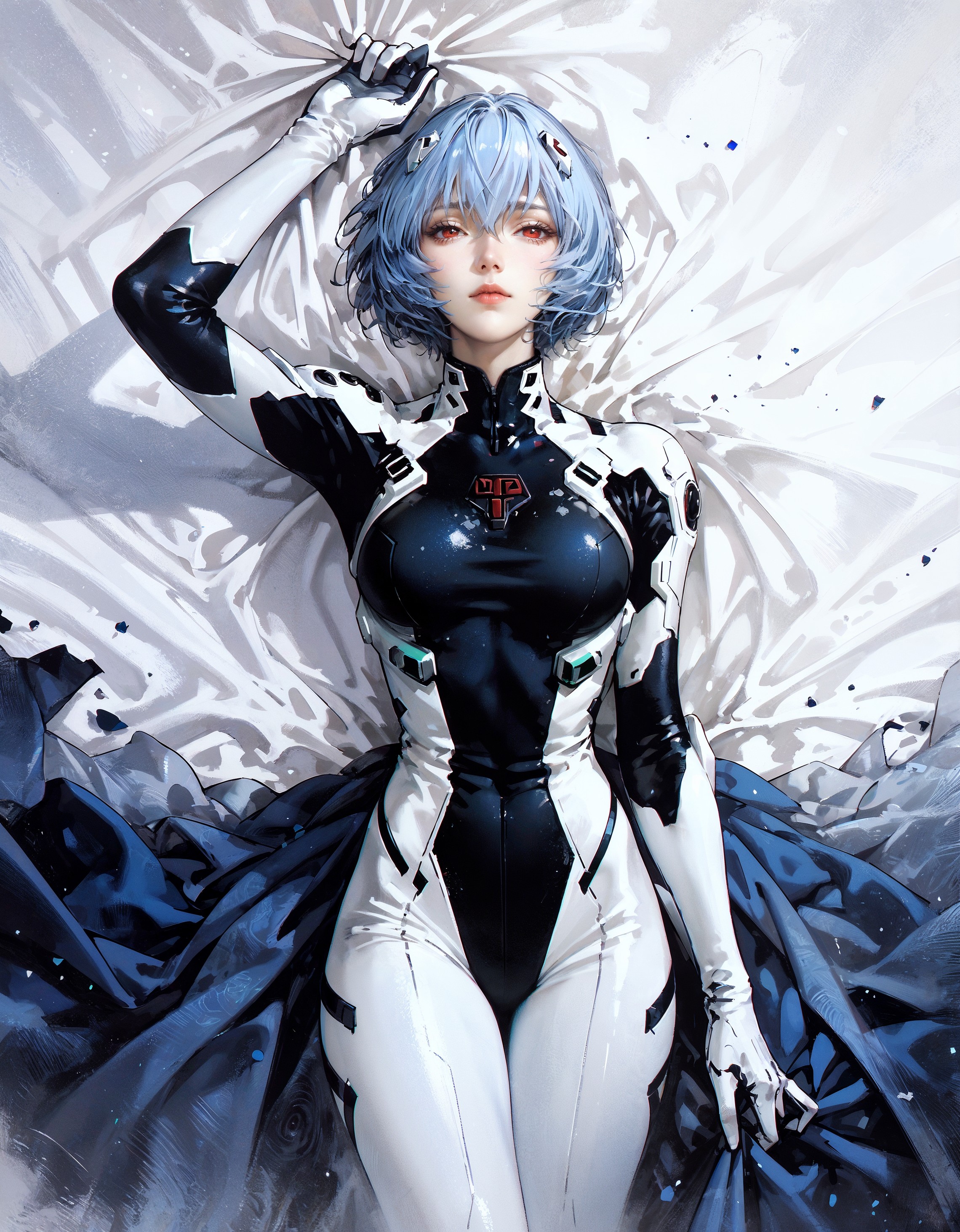 score_9, score_8_up, score_7_up, score_6_up, score_5_up, score_4_up,  1girl, (Rei Ayanami:1.2), from above, lying down, (white plugsuit), light blue hair, short hair, blue cushions, velvet sheets, satin, expressiveh, castlevania, kojima ayami