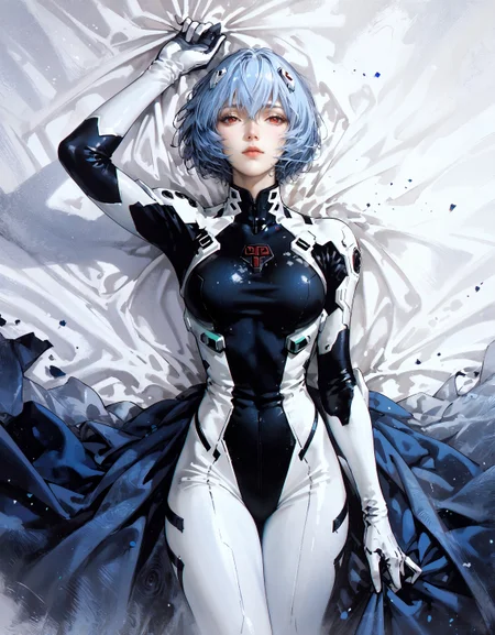 score_9, score_8_up, score_7_up, score_6_up, score_5_up, score_4_up, 1girl, (Rei Ayanami:1.2), from above, lying down, (white plugsuit), light blue hair, short hair, blue cushions, velvet sheets, satin, expressiveh, castlevania, kojima ayami
