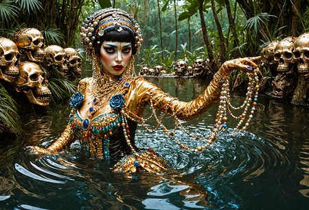 sexy sexy lora:Expressive_H:1.2> (expressiveh) <lora:Pony_DetailV2.0:0.8>  <lora:add-detail-xl:1> epiCPhoto  <lora:more_details:0.8> <lora:water_xl:0.8> watermode
score_9, score_8_up, score_7_up, score_6_up, score_5_up, score_4_up
(3D rendering, photorealistic, digital art, cowboy shot)
<lora:Jibaro_-_Love_Death_and_Robots_XL:0.8> ((j1b4r0:1.4)) She stands wading in the center of a lake in the jungle. A horror-themed action scene. The atmosphere is dark and foreboding, with eerie shadows and dim lighting surrounding her. (Colored Skin, Gold Skim:1.4, adorned all in a gold scaled embellished bodice and skirtn) The bloody water is bubbling and she surrounded by skeletons and piles of skulls from her victims. She wears a headdress with black hair with a bob cut and blunt bangs. She wears strings of pearls, blue gems and has a septum nose ring. She is shown in a dynamic pose, her expression filled with charm and seduction.
