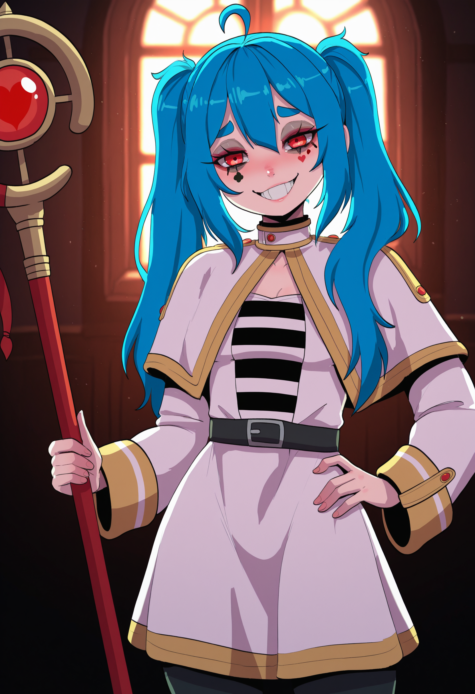 pippipanini, blue hair, long hair, red eyes, permanent makeup, small breasts, staff, twintails, frieren cosplay, grin,