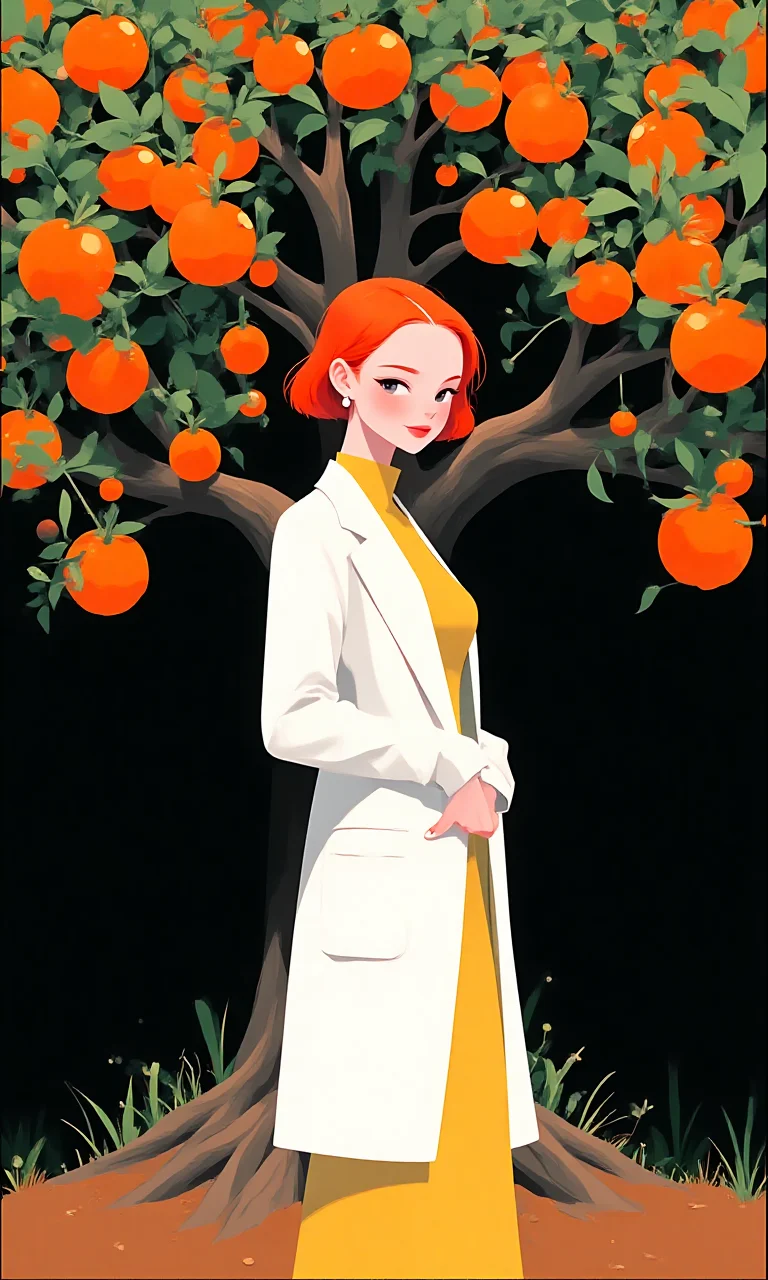A painting of an orange tree with bright oranges, in the style of Maira Kalman. A woman in a white coat and yellow dress stands under the tree, facing forward. She has short red hair and is smiling slightly. Painted in a vintage style using pastel colors. There is some dark green foliage around her. The background is a plain black. The painting has an aesthetic of retrofuturistic cyberpunk 2D animation. -