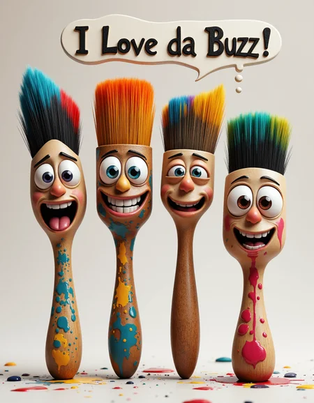 Abstract + surreal + realism, realistic, detailed, accurate, hdr, 3D render, four paintbrushes with expressive, painted faces and colorful bristles, each with unique designs and expressions, arranged on a plain background, with bubble text "I Love Da Buzz!"<lora:aidmaFLUXpro1.1:0.51>, detailed skin, <lora:FLUX_Polyhedron_all_Kohya_ss:0.31> <lora:aidmaMJ6.1_v0.3:0.51>aidmaMJ6.1