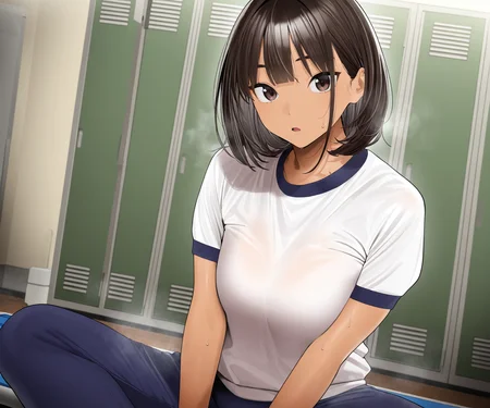 masterpiece, best quality, amazing quality, sfw, 1girl, solo, looking at viewer, open mouth, indoors, gym uniform, pants, medium hair, expressionless, sitting, locker room, steaming body, sweat, <lora:Zikataro style ILL-v2:1> zikataro_style, tan,