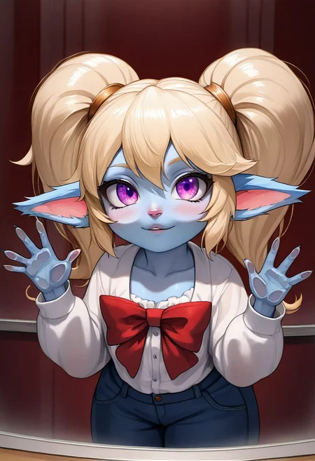 score_9,score_8_up,score_7_up,detailed eyes, beautiful, detailed background, perfect eyes,source_anime, very aesthetic, anime screencap, anime coloring,source_furry,
1girl,Poppy,lol,yordle,colored skin,blue skin,fluffy ears,blonde hair,twintails,purple eyes,kiss on glass,