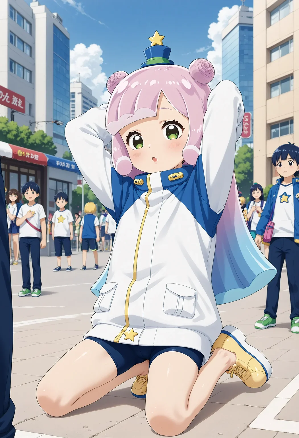 <lora:Hyper-SDXL-8steps-lora:1> <lora:Fixhands_anime_bdsqlsz_V1:1> zPDXL2, score_9, score_8_up, score_7_up, source_anime, intricate details, perfect anatomy BREAK
outdoors, city, tokyo, japan, audience, crowd, kneeling,  stretching, arm up, barefoot, arms behind head, Relieved, Mouth turned up slightly, eyes wide open, and a relaxed jaw., 1girl, solo, solo focus, 
<lora:PKS-puniru_XL(pony)v10t:1> puniru \(puniru wa kawaii slime\), pink hair, blue hair, multicolored hair, double bun, long hair, green eyes, mini hat, jacket, black bike shorts, yellow shoes, platform footwear,