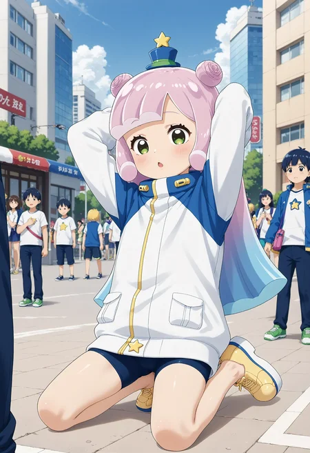 <lora:Hyper-SDXL-8steps-lora:1> <lora:Fixhands_anime_bdsqlsz_V1:1> zPDXL2, score_9, score_8_up, score_7_up, source_anime, intricate details, perfect anatomy BREAK
outdoors, city, tokyo, japan, audience, crowd, kneeling, stretching, arm up, barefoot, arms behind head, Relieved, Mouth turned up slightly, eyes wide open, and a relaxed jaw., 1girl, solo, solo focus,
<lora:PKS-puniru_XL(pony)v10t:1> puniru \(puniru wa kawaii slime\), pink hair, blue hair, multicolored hair, double bun, long hair, green eyes, mini hat, jacket, black bike shorts, yellow shoes, platform footwear,
