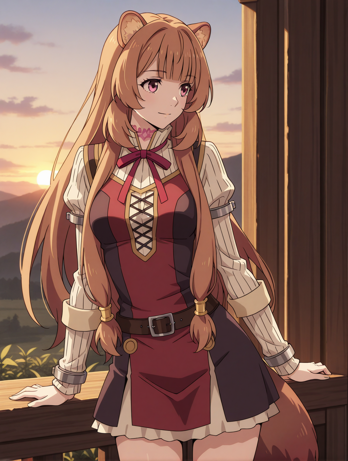 (red dress striped sweater red neck ribbon belt:1.50), 
tny-raphtalia, pink eyes, brown hair, sidelocks, blunt bangs, raccoon ears, raccoon tail, 
medium breasts, 1girl, solo, skinny,
(masterpiece, highres, ultra-detailed,very aesthetic, best quality, absurdres, high quality, highres), 
light smile,
,
(:0.90), 
BREAK,
sunset outdoors,
long hair
<lora:tny-raphtalia-V01-illXL-000003:0.80>
