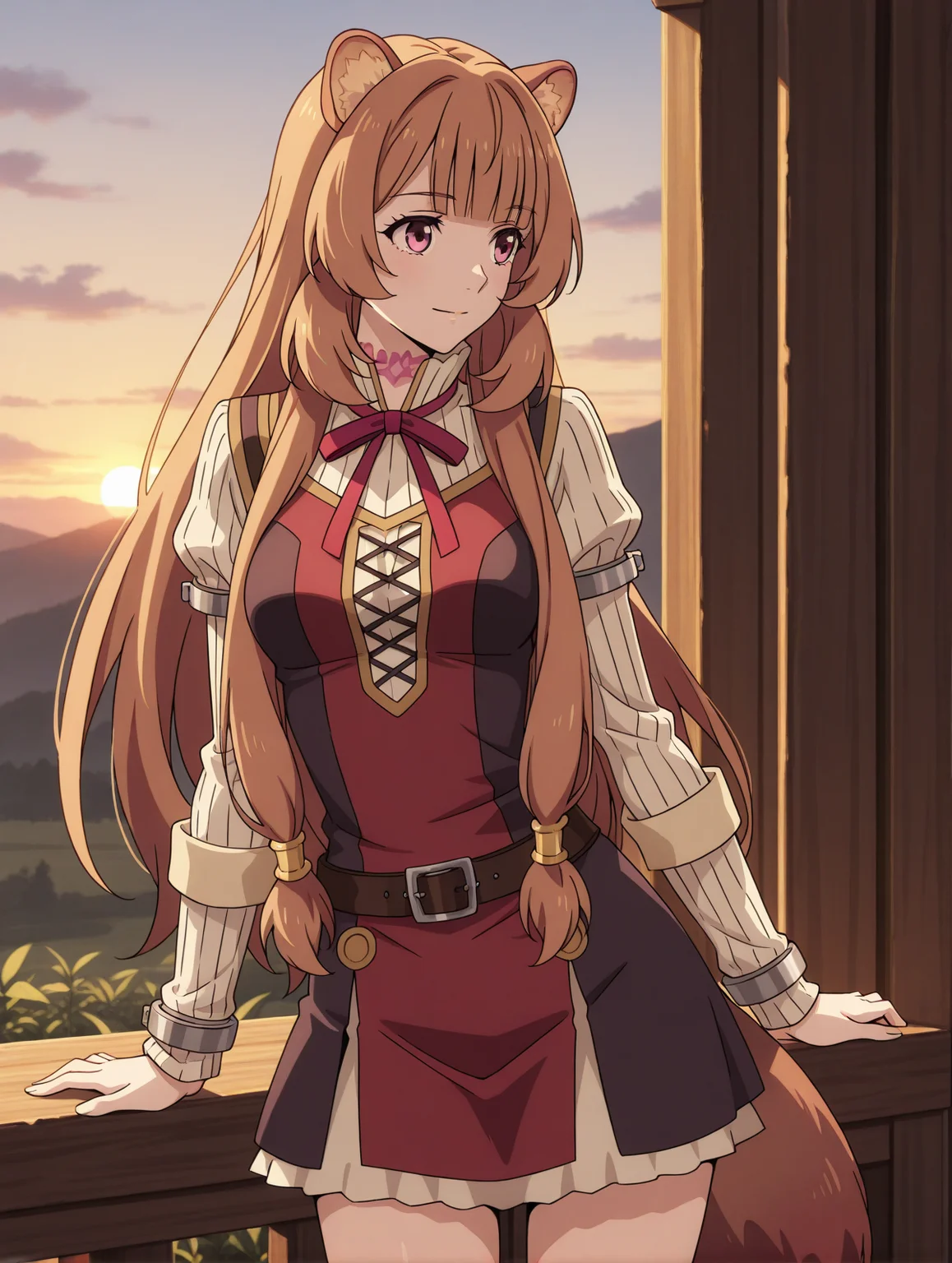 (red dress striped sweater red neck ribbon belt:1.50), 
tny-raphtalia, pink eyes, brown hair, sidelocks, blunt bangs, raccoon ears, raccoon tail, 
medium breasts, 1girl, solo, skinny,
(masterpiece, highres, ultra-detailed,very aesthetic, best quality, absurdres, high quality, highres), 
light smile,
,
(:0.90), 
BREAK,
sunset outdoors,
long hair
<lora:tny-raphtalia-V01-illXL-000003:0.80>